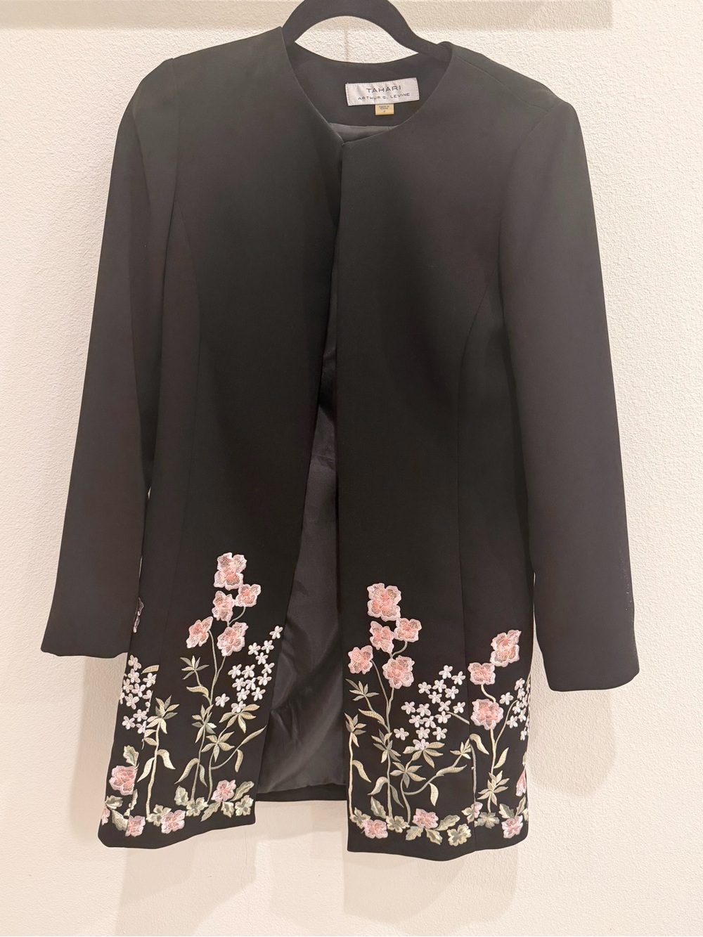 Tahari ASL Black Open-Front Coat with Pink Floral Embroidery
